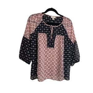 LOFT Floral Paisley Patchwork 3/4 Sleeves Sheer Tie Neck Top Blouse Womens XS